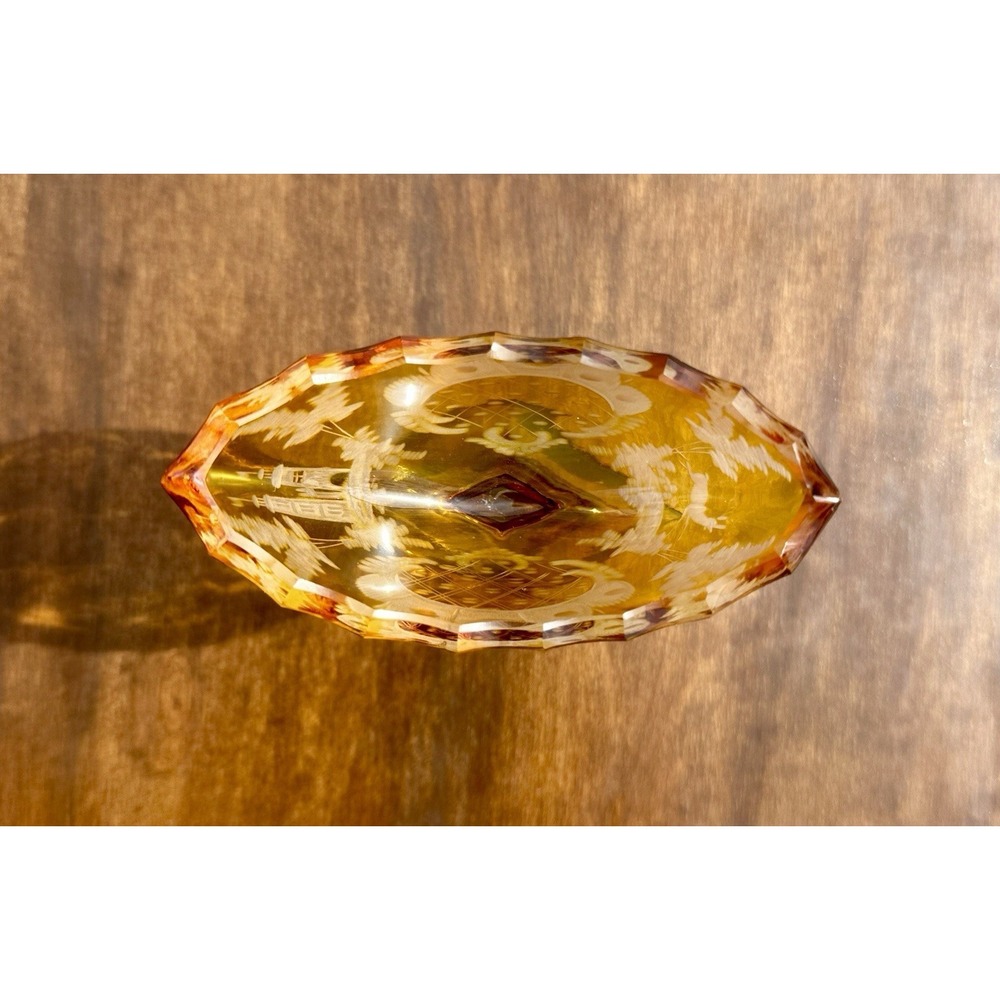 Antique Bohemian Amber Cut Clear Crystal Pedestal Salt Cellar Bowl Etched Art - Picture 2 of 12